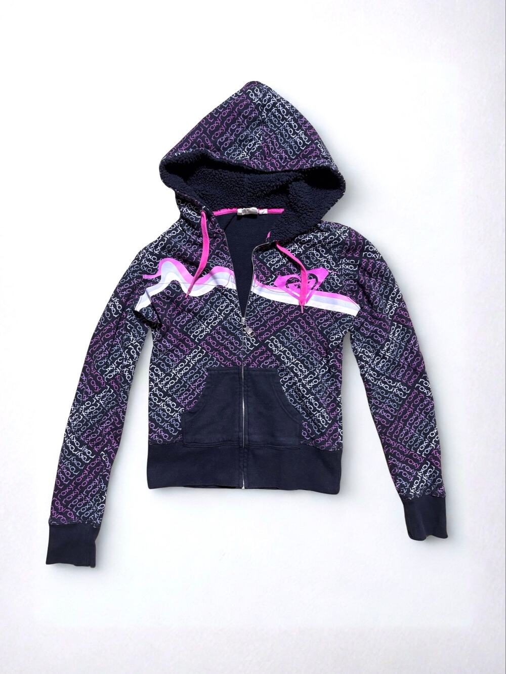Vtg Y2K Roxy Fitted Zipup Sherpa Lined Allover Pink Logo Print Black Hoodie